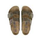 A pair of BIRKENSTOCK Mens Arizona Soft Footbed Oiled Leather Faded Khaki sandals with two adjustable buckle straps and cork footbeds are displayed side by side on a white background.