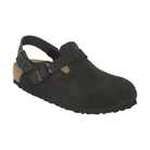 The BIRKENSTOCK Mens Tokio Suede Leather Black is a single black clog-style sandal with an open back, adjustable buckle strap, contoured footbed, and textured sole, shown on a white background.