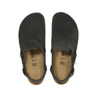 A pair of BIRKENSTOCK Mens Tokio clogs in black suede leather, shown from above with closed toes, adjustable side buckles, and contoured footbeds featuring tan size markings.