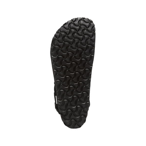 The image shows the black rubber sole of the BIRKENSTOCK Mens Tokio Suede Leather Black sandal, featuring a repeating wavy, interlocking pattern on a white background.
