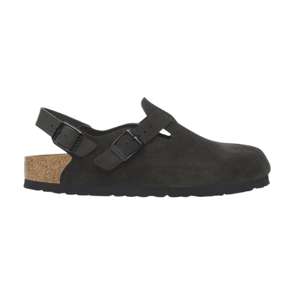 The BIRKENSTOCK Mens Tokio Suede Leather Black sandal features a closed toe, adjustable buckle straps, contoured footbed, cork midsole, black rubber sole, and is shown from the side.