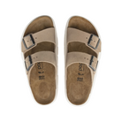 The BIRKENSTOCK Womens Arizona Chunky Sand are beige slip-on sandals with two adjustable buckle straps, contoured brown suede footbeds, and white outsoles for comfort and style.