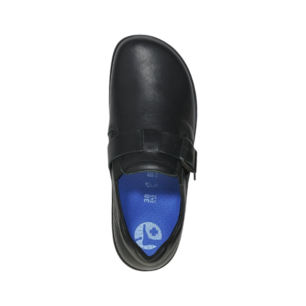 The Birkenstock Womens Caris Pro Leather Black shoe features a buckle strap, Deep Blue Footbed, white size markings, circular insole logo, and a slip-resistant PU outsole for safety—all viewed from above.