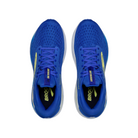 A pair of Brooks Mens Adrenaline GTS 24 running shoes in blue/white, seen from above, with breathable mesh uppers, yellow accents, and “BROOKS” on the insoles.