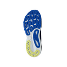 The image features the sole of the BROOKS Mens Adrenaline GTS 24 Blue/White sneaker, displaying a blue geometric tread, white midsection, and yellow heel detail. GuideRails® support technology provides stability. Background is white.