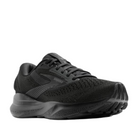 The BROOKS Mens Adrenaline GTS 24 Wide Black is an athletic running shoe featuring a breathable mesh upper, lace-up closure, cushioned sole, and textured tread for grip, displayed at a three-quarter angle on a white background.