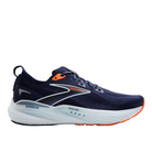The Brooks Mens Glycerin GTS 22 Navy by BROOKS is a mens running shoe in navy blue with white and orange accents, featuring a white sole with an orange tip and the Brooks logo, designed for comfort and plantar fasciitis support.