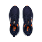 The BROOKS Mens Glycerin GTS 22 Navy running shoes, seen from above with orange accents and white midsoles, feature BROOKS branding—ideal comfort for those with plantar fasciitis.