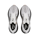 A top-down view of Brooks Mens Glycerin GTS 22 White/Grey/Black running shoes, featuring mesh uppers, black and gray accents, the BROOKS logo on the insoles, and plush cushioning for comfort.