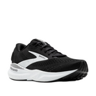 The Brooks Womens Adrenaline GTS 24 Black/White running shoe features a breathable mesh upper, cushioned comfort, and GuideRails support for stability. Distinctive black color with white sole and accents, plus the BROOKS logo on the side.