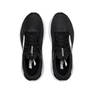 A top view of the Brooks Womens Adrenaline GTS 24 Black/White running shoes, featuring white soles, side logos, and insoles labeled BROOKS; offers updated GuideRails support inspired by the latest technology.