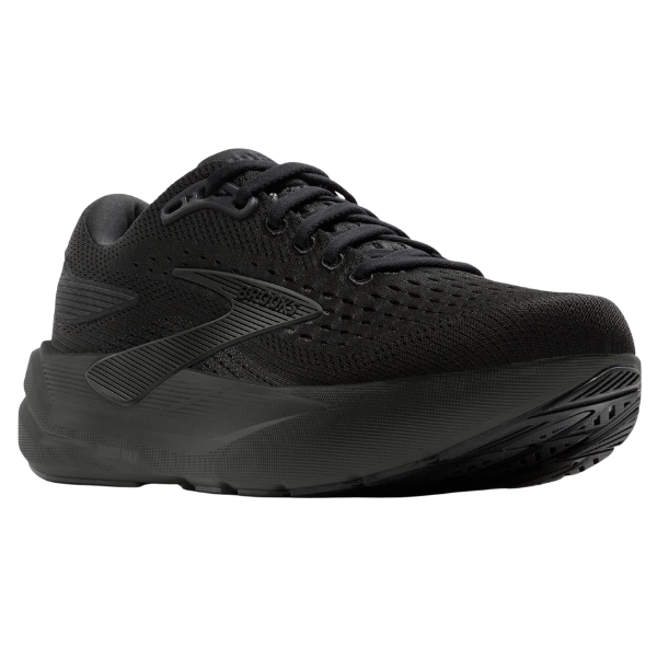 The BROOKS Men's Ghost Max 3 Wide in Black/Ebony is a men's wide running shoe with a cushioned sole for plantar fasciitis, mesh upper, laces, and a subtle brand logo, shown angled to display the outer side and front.