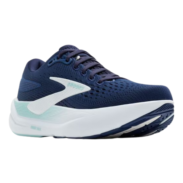 The BROOKS Women's Ghost Max 3 Wide Navy/Peacoat running shoes feature a breathable mesh upper, white and light teal sole, and white logo, designed for foot pain relief and shown on a white background.