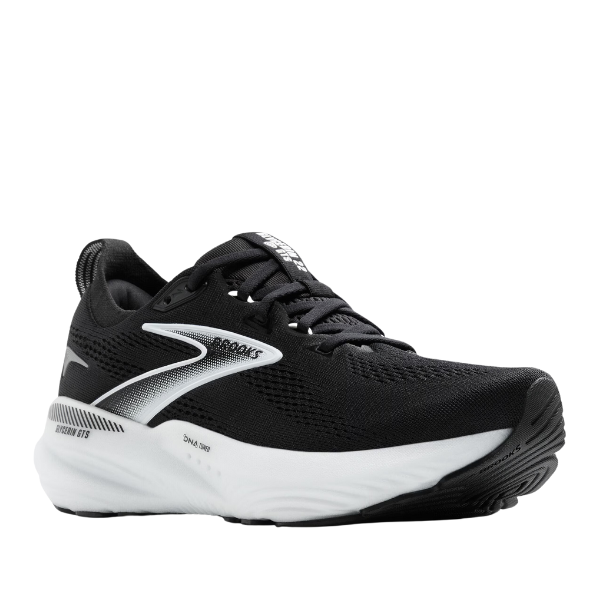 The BROOKS Womens Glycerin GTS 22 Black/White features a mesh upper, white sole, silver accents, plush cushioning, lace-up closure, visible branding, and the GuideRails system for enhanced support and stability.