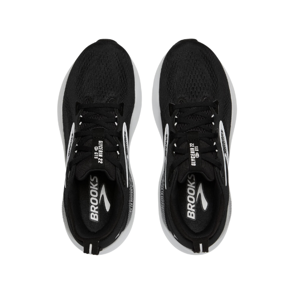 Top view of Brooks Womens Glycerin GTS 22 Black/White running shoes by BROOKS, featuring plush cushioning, white soles, and the signature logo, displayed side by side on a white background.