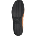 A close-up of the TAOS Womens Chit Chat Caramel sole shows a black herringbone tread, round logo, and textured edges. The brown upper suggests comfort features like arch support and a removable footbed.