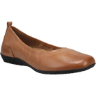 The TAOS Womens Chit Chat Caramel ballet flat features a rounded toe, low black textured sole, small heel pull tab, and removable footbed for extra comfort.