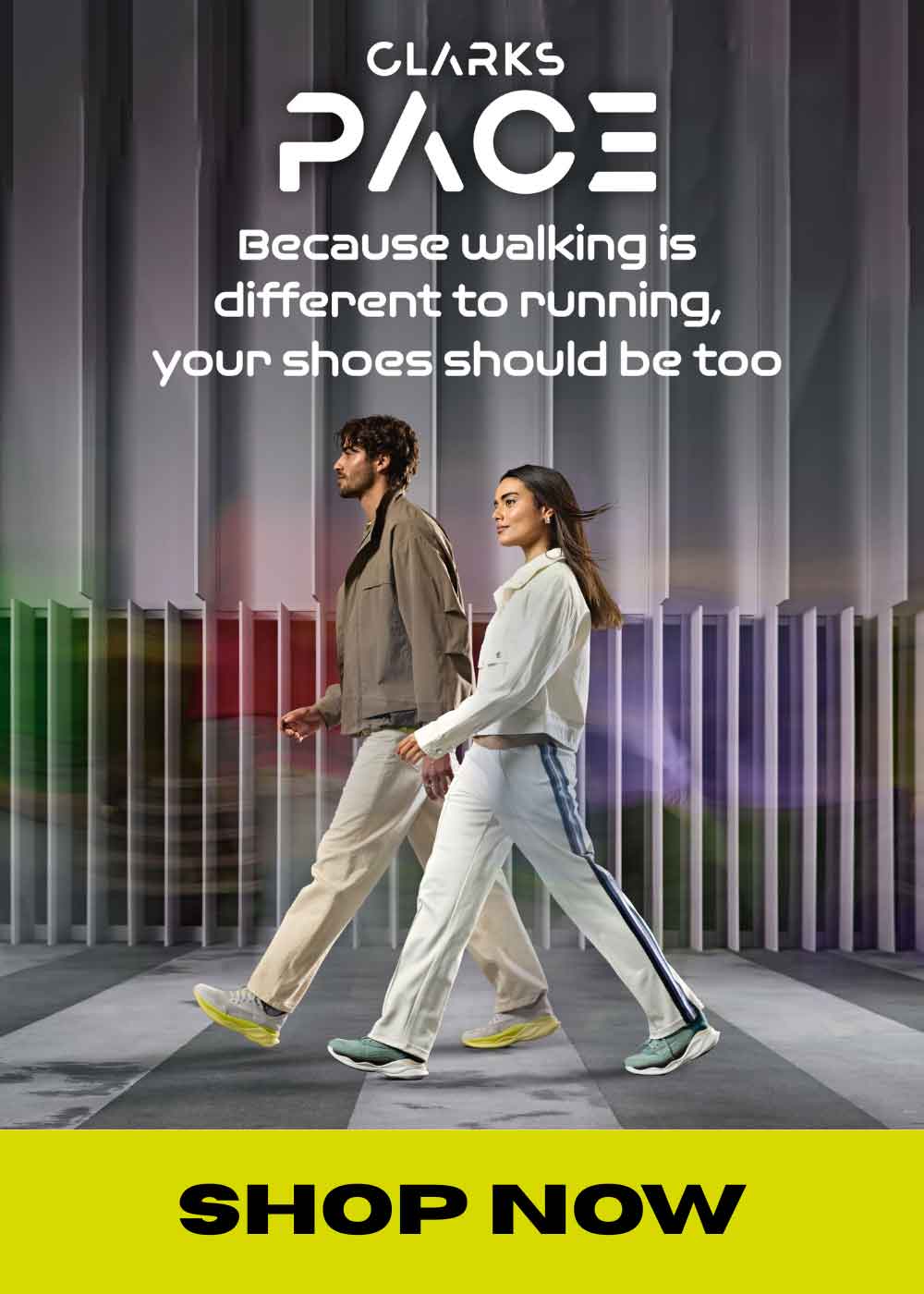 Two people walking together with Clarks Pace advertisement text and 'Shop Now' call to action.