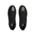 A pair of CLARKS Mens Courtlite 2 Run Black sneakers with black leather uppers, white soles, black laces, and retro styling is shown from above, featuring CLARKS branding on the insoles.