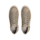 Top view of Clarks Mens Courtlite 2 Run Grey sneakers with matching laces and white soles, featuring a removable Contour Cushion footbed and lightweight EVA sole. The CLARKS logo appears on the insoles and tongue tags.