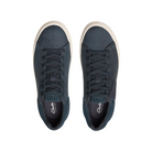 A pair of Clarks Mens Courtlite 2 Run Navy sneakers by CLARKS, shown from above on a white background. These retro shoes have dark blue laces, white soles, branded insoles, and a cushioned footbed for comfort.