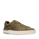 The Clarks Mens Courtlite 2 Run Olive sneaker features matching laces, a perforated side detail, white rubber sole with light gray heel patch, removable Contour Cushion footbed, and CLARKS branding near the laces.