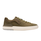 The CLARKS Clarks Mens Courtlite 2 Run Olive features an olive green suede and mesh upper, perforated sides, matching laces, a beige rubber sole, and a removable Contour Cushion footbed for comfort.
