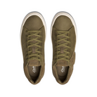 Top view of Clarks Mens Courtlite 2 Run Olive sneakers by CLARKS, featuring a white EVA sole, matching laces, removable Contour Cushion footbed, and visible branding on the insoles and tag. Shoes are placed side by side on a white background.