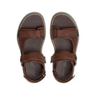 A pair of Clarks Mens Saltway Edge Wide Brown sandals by CLARKS, featuring adjustable straps, a closed heel, and a comfy EVA sole, pictured from above on a white background.