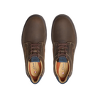 A top view of Clarks Mens Un Briley Pace Wide Brown shoes shows brown leather nubuck uppers, tan interiors, dark brown laces, and the CLARKS logo on the insole.