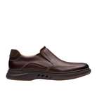 Experience all-day comfort in the CLARKS Mens Un Briley Step Leather Wide Mahogany slip-on, featuring contrast stitching, a slightly raised heel, contoured footbeds, and a cushioned sole for easy wear.