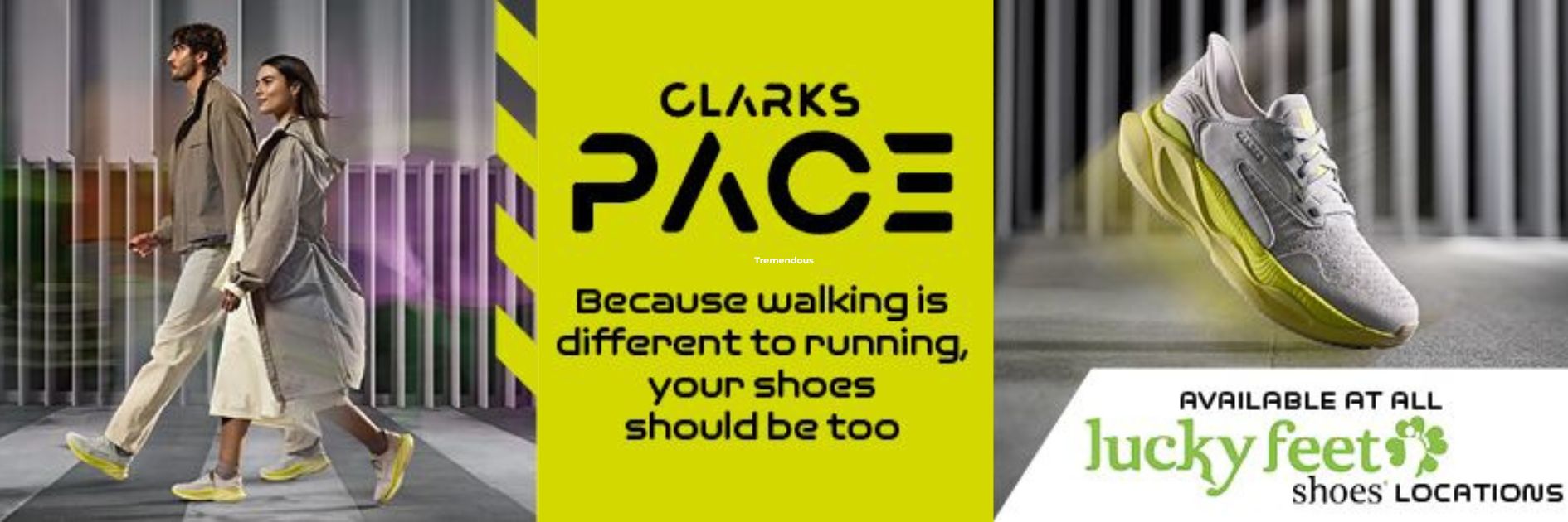 Clarks Pace shoe advertisement with people walking and a close-up of a shoe.