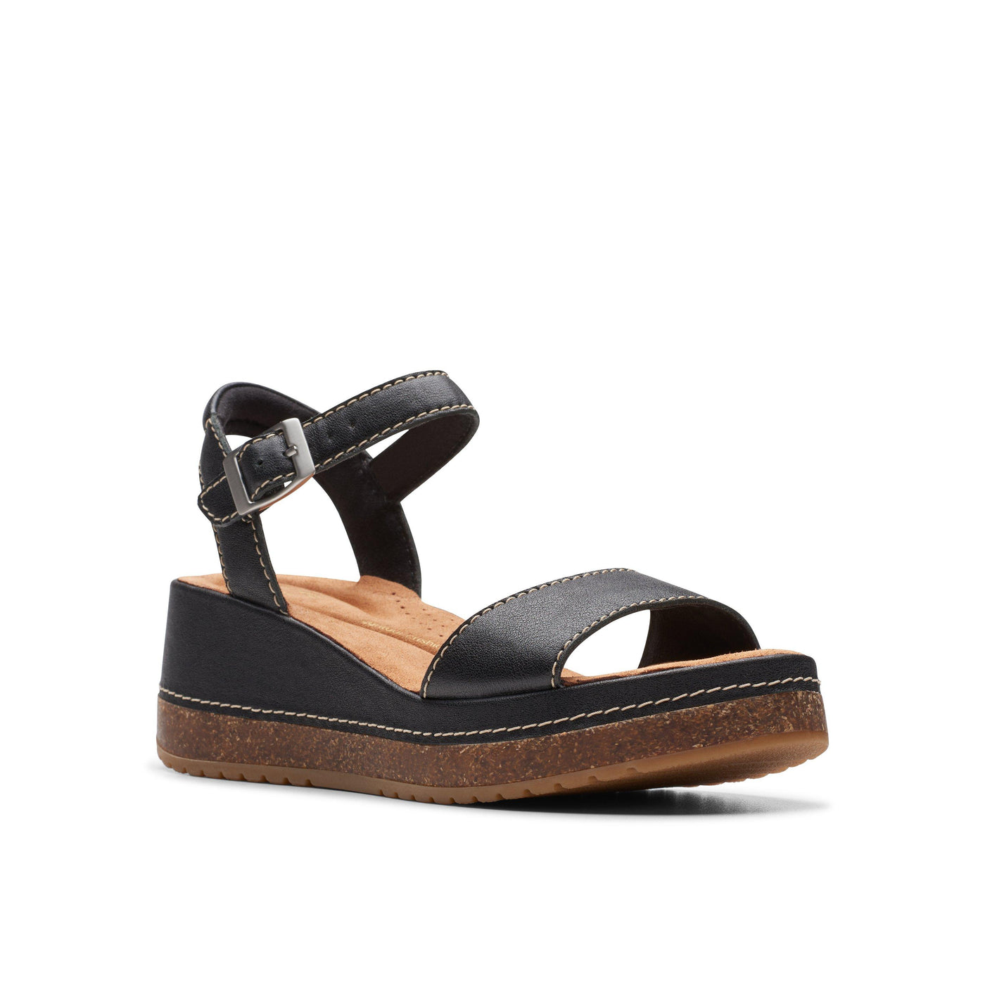 The Clarks Womens Kassandra Lily Black sandal by CLARKS features an open toe, ankle strap with buckle, contrast stitching, a brown textured sole, and a chic cork-effect wedge heel.