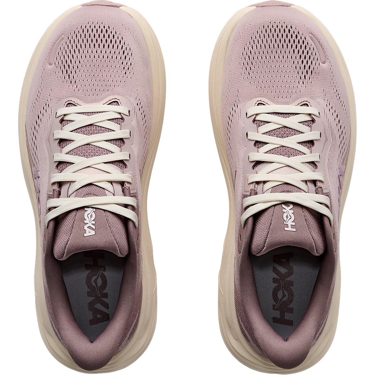 HOKA Women's Clifton 11 GLM Pink Opal/Quartzite running shoe, pink mesh upper over a pale rocker sole, side profile.
