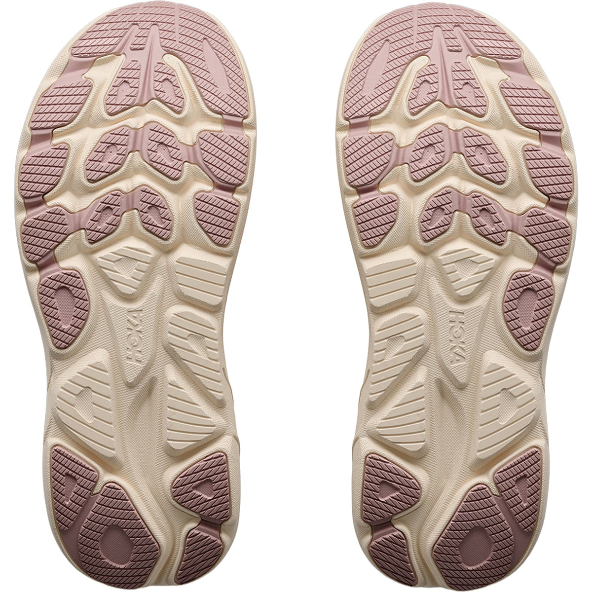 Outsole of the HOKA Women's Clifton 11 GLM Pink Opal/Quartzite running shoe, abrasion rubber tread for daily miles.