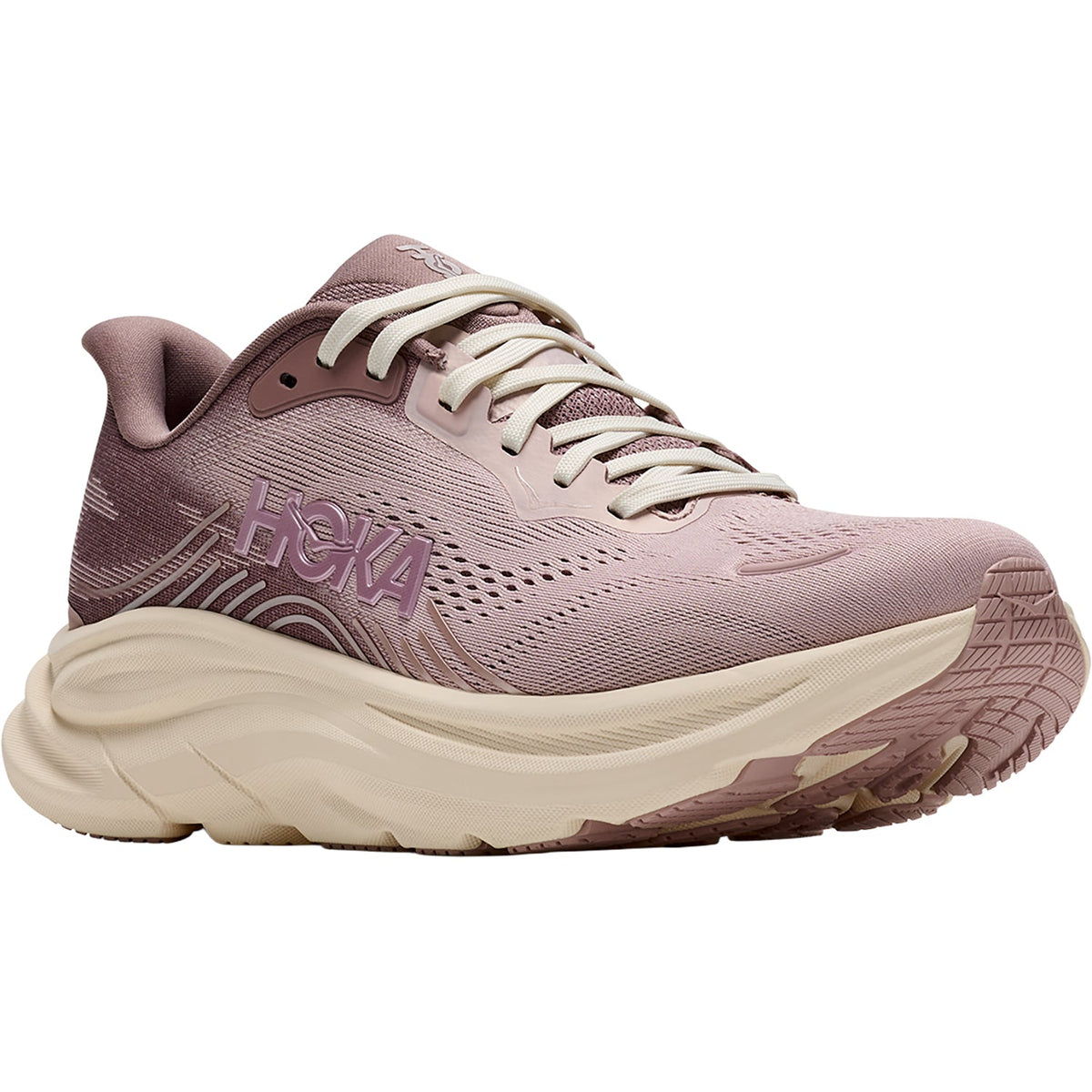 Rear view of the HOKA Women's Clifton 11 GLM Pink Opal/Quartzite running shoe, padded heel and cushioned comfort.