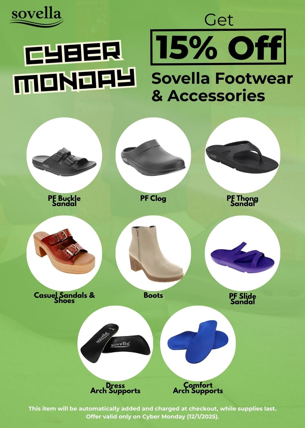 Sovella Cyber Monday promotional flyer with shoe images and discount offer on a green background.