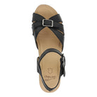 Top view of the Dansko Womens Alanna Black sandal by DANSKO, featuring a black leather upper, buckle front strap, adjustable ankle strap, and tan branded insole—crafted for both style and foot pain relief.