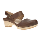 The Dansko Womens Lucia Tan by DANSKO features a closed-toe brown leather design, low wooden heel, adjustable ankle strap, and visible stitching—ideal for those seeking stylish and comfortable heeled clogs.