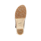The image displays the bottom view of the Dansko Womens Lucia Tan clog by DANSKO, featuring a tan rubber sole with wavy grooves for traction and the DANSKO logo embossed on the light wood-textured midsole.