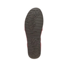 The image shows the sole of the Dansko Womens Mae Red Suede shoe by DANSKO, featuring a ribbed pattern and leaf-shaped designs on lightweight EVA and cork, set against a white background.