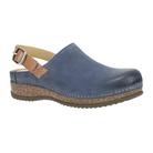 The Dansko Womens Merrin Blue by DANSKO is a stylish blue leather clog with a closed toe, brown adjustable slingback strap, visible stitching, and a textured brown sole with a low heel for foot pain relief.