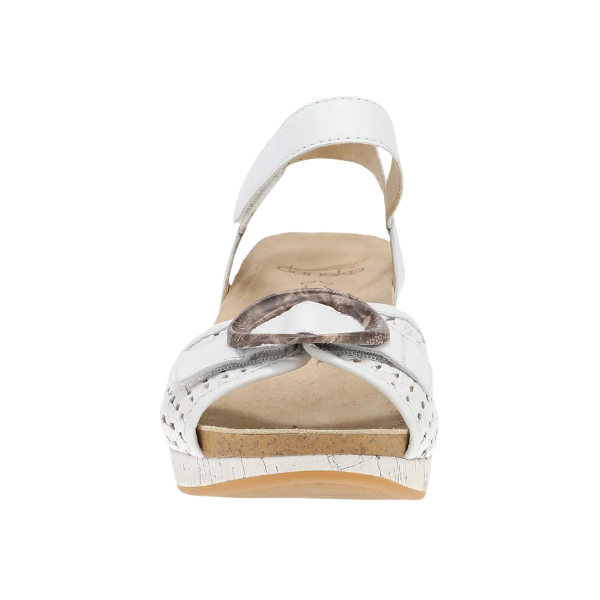Front view of the Dansko Women's Stella White sandal by DANSKO with velcro ankle strap and cushioned beige footbed.