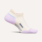 FEETURES Unisex Elite Max Cushion No Show Tab Lilac Breeze running sock, plush cushioning, heel tab, side view.