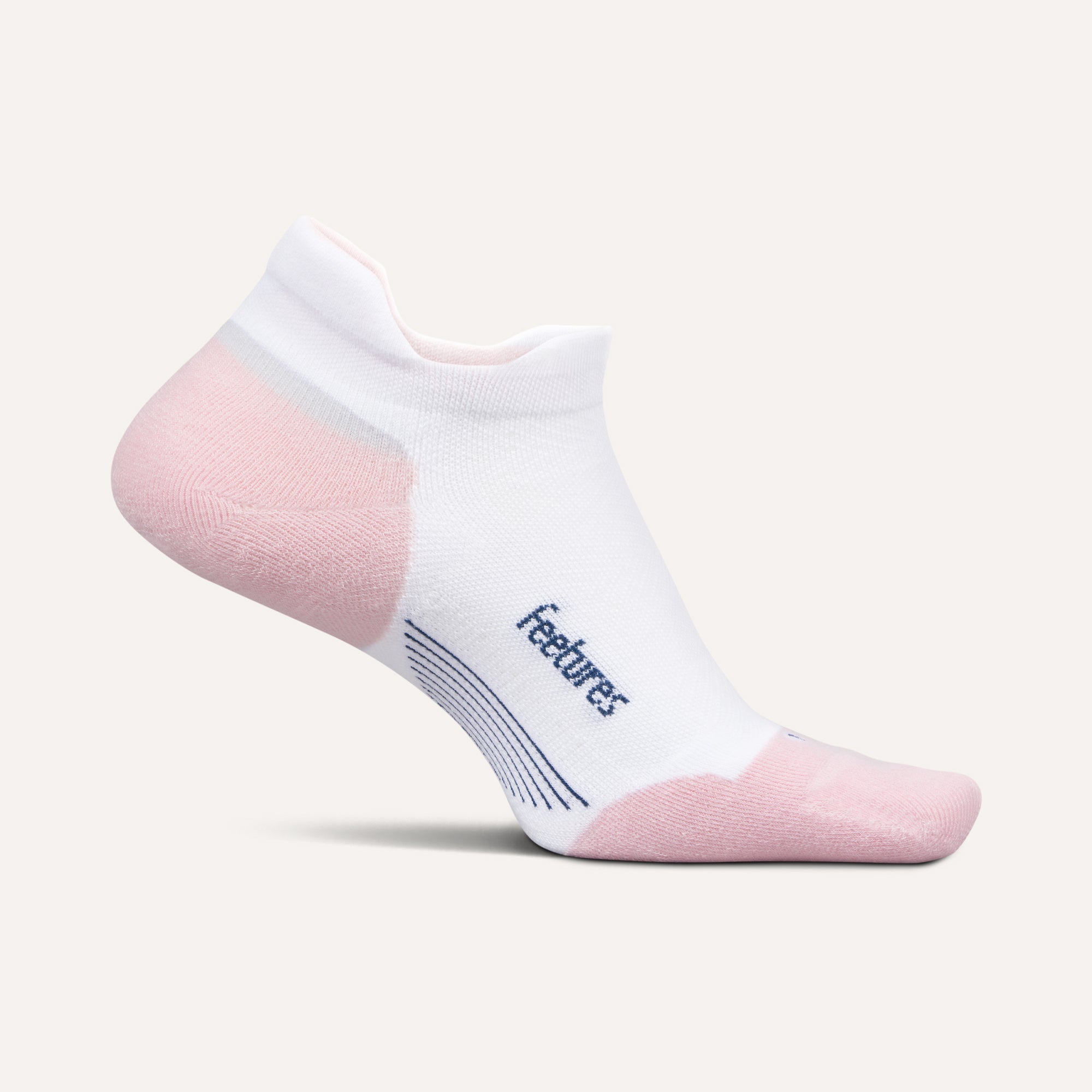 FEETURES Unisex Elite Max Cushion No Show Tab White Rose running sock, plush cushioning, heel tab, side view.