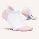 Pair of FEETURES Elite Max Cushion No Show Tab socks in White Rose, targeted arch compression, angled view.