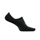 A single FEETURES Unisex Elite Ultra Light Invisible Black no-show sock featuring a low-cut design, subtle textured patterns, and targeted compression is displayed against a plain background.