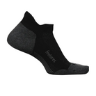 The FEETURES Unisex Elite Light Cushion No Show Tab Black sock features a low-cut design in black and dark gray with reinforced heel and toe, moisture-wicking breathable fabric, targeted compression, and FEETURES knitted on the side.