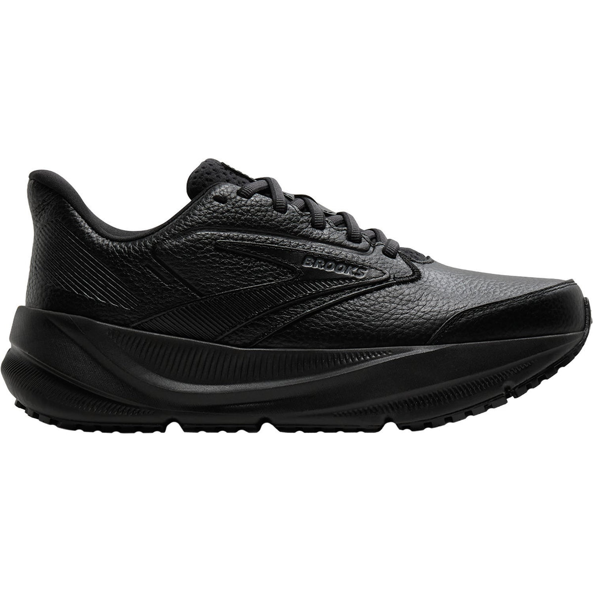 BROOKS Women's Ghost Max SR Wide Black/Black work sneaker, full-grain leather upper, black slip-resistant sole, angled view.