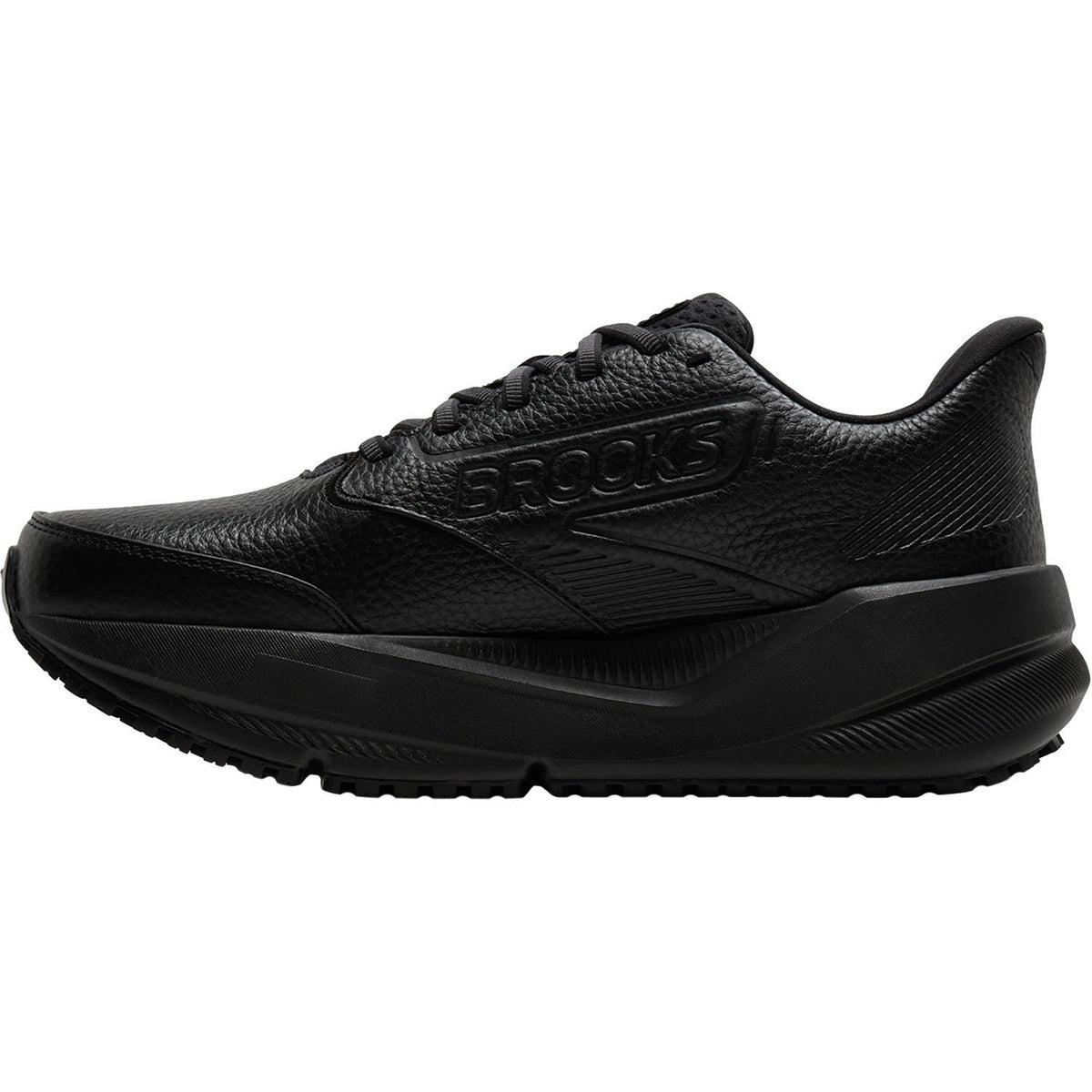 BROOKS Women's Ghost Max SR Wide Black/Black work sneaker, cushioned footbed and lace-up upper, top-down view.